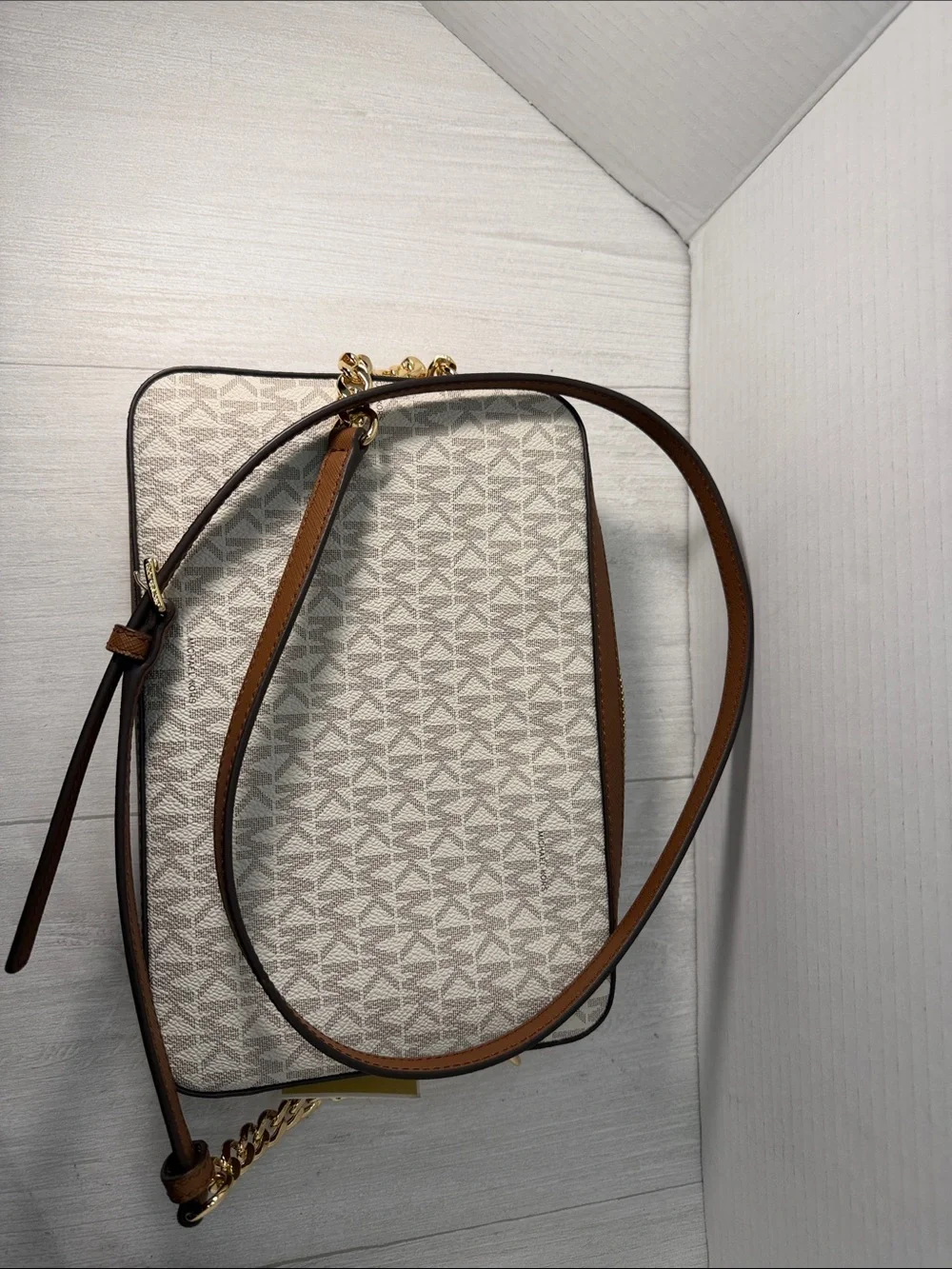 Michael Kors Beige Logo Crossbody with Tan Leather & Gold Chain - Picture 10 of 12